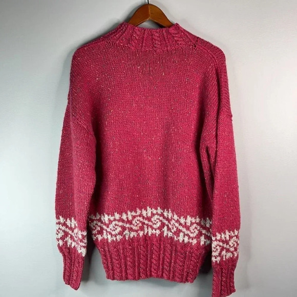 VINTAGE 90’s Handmade  Knitted Mock-neck Wool Sweater Berry Cable-knit Baggy L - Picture 7 of 9